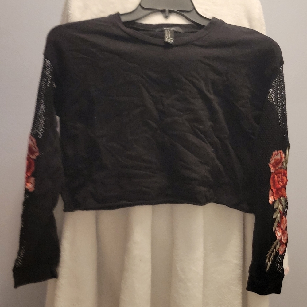 Black Long Sleeve Top with Floral Embroidery